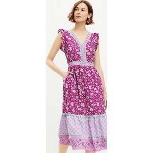 LOFT Dress NWOT Tiered Midi Pink Purple Maxi Raspberry Floral Sleeveless 10